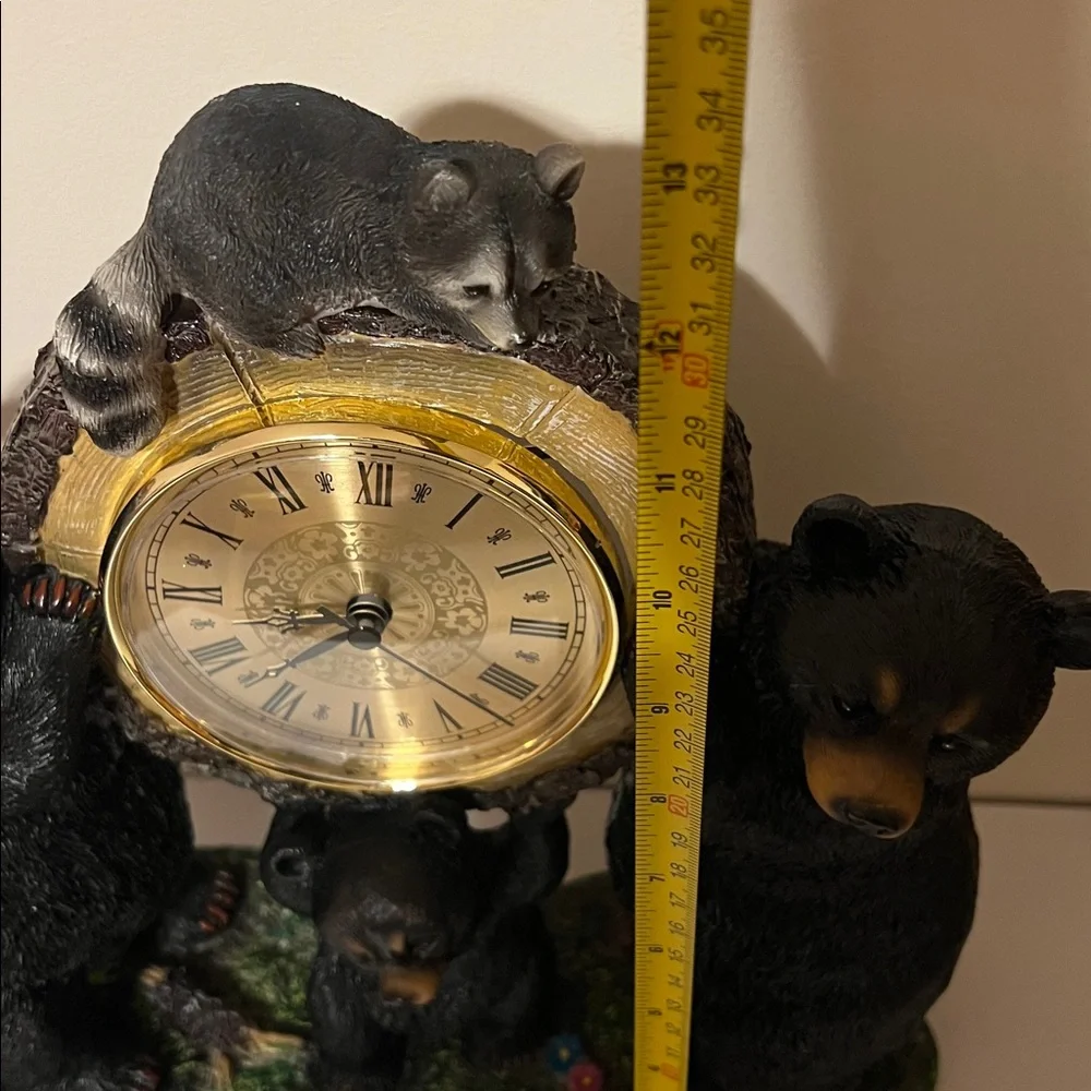 Charming Black Bear 🐻 Family Holding a Birch Log Clock with Raccoon 🦝 on the Top
